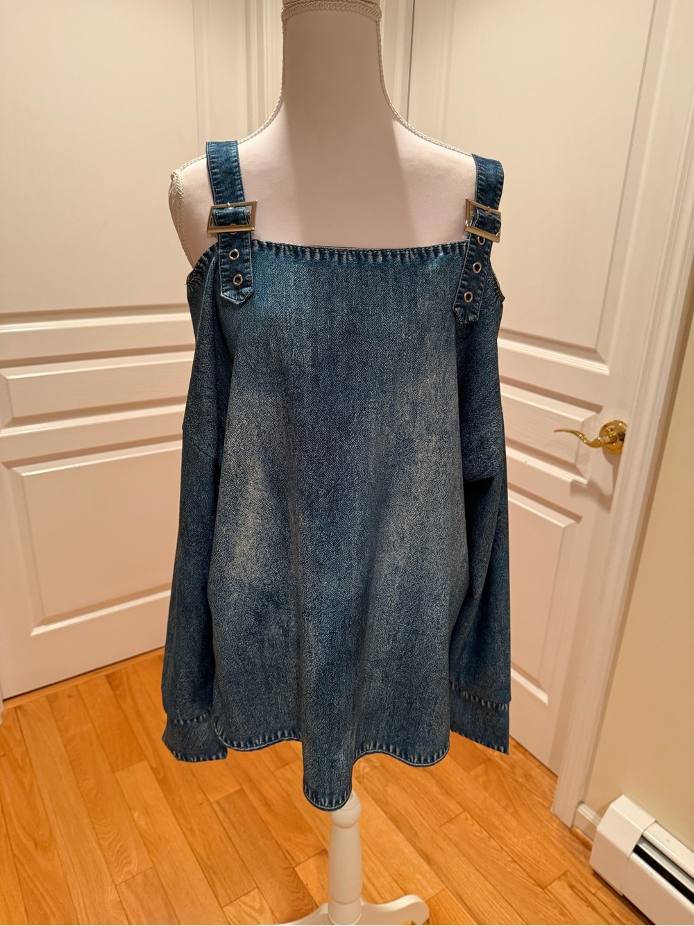 Denim Overall Dress Top in Washed Blue Cold Shoulder Adjustable buckle strap